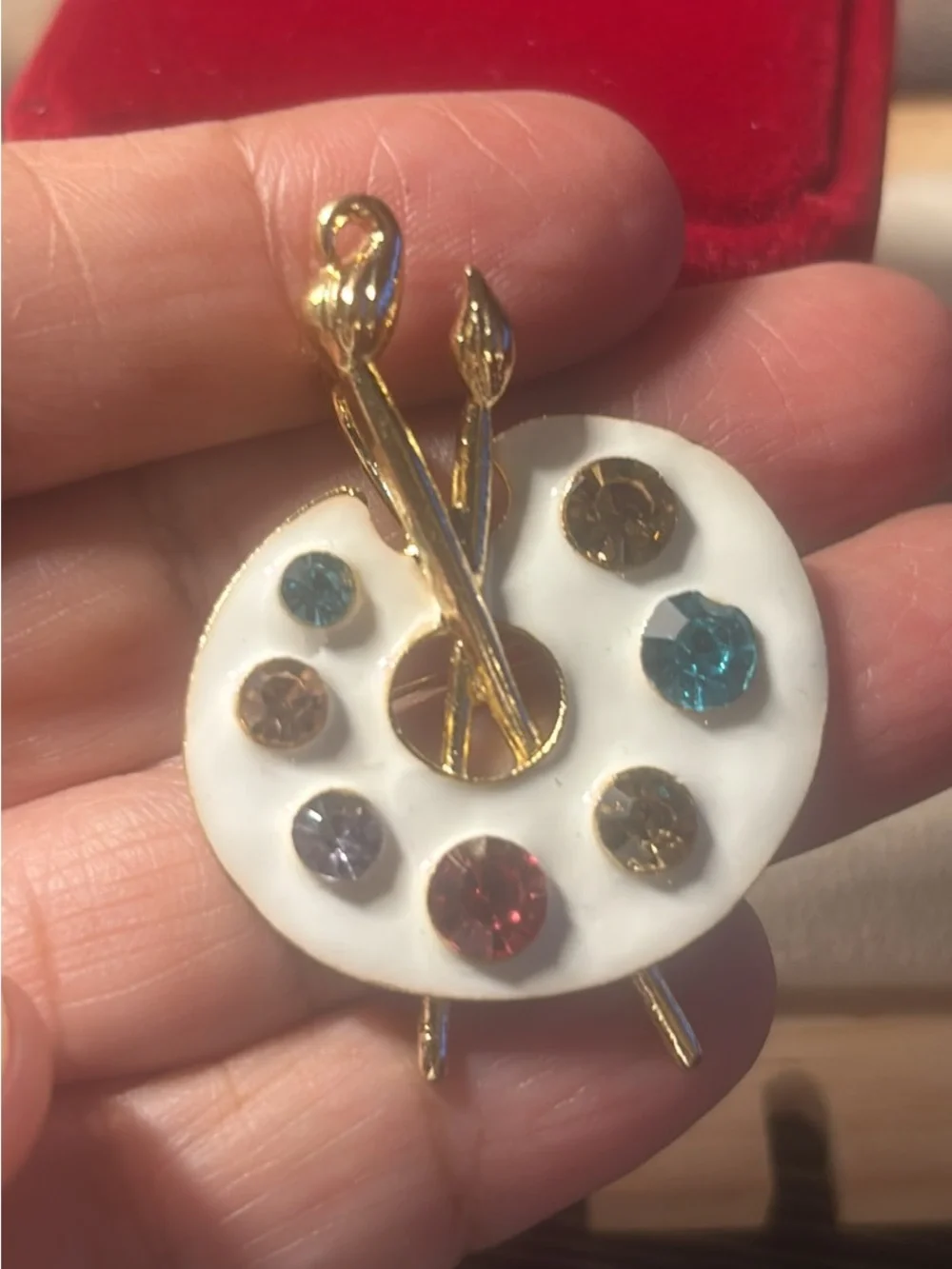 Gold-Tone Artist Palette Brooch with White Enamel and Multicolor Crystals